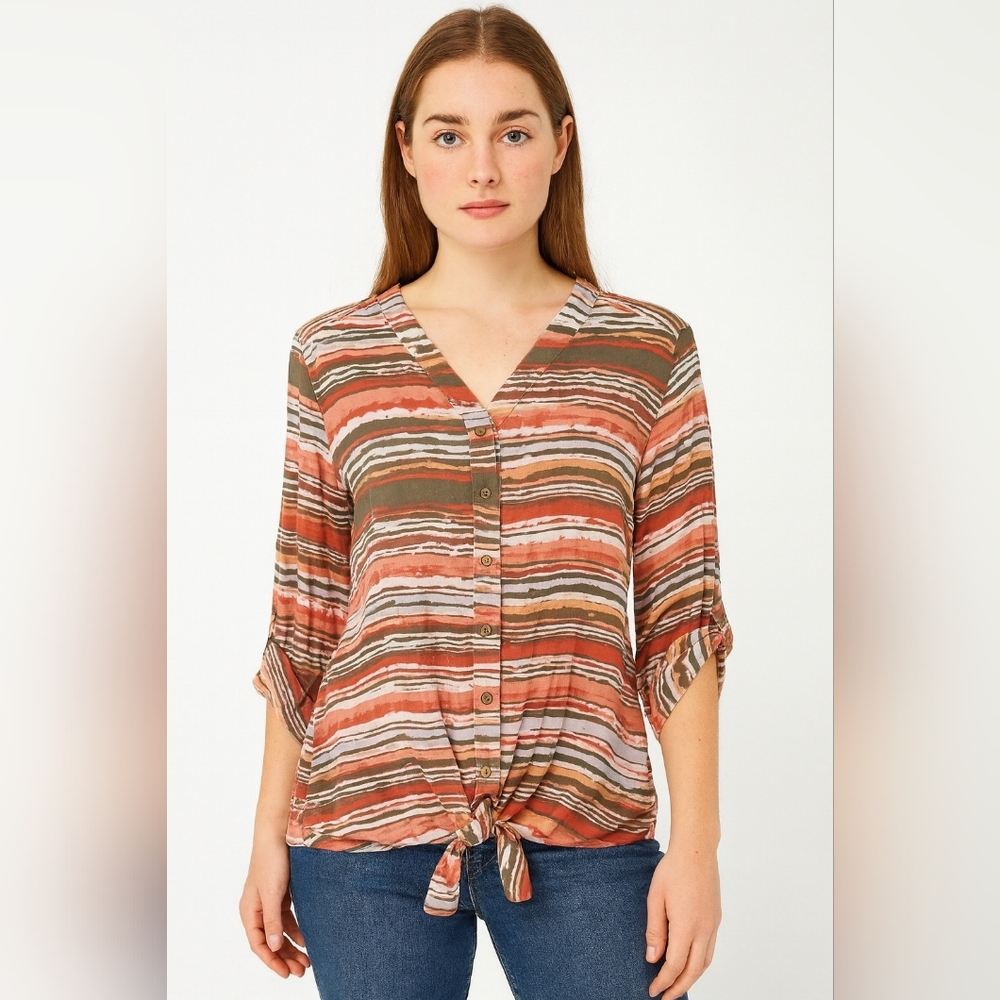 Alison Andrew's Button‎ Front Tie Knot Colorful NWT Roll Sleeve Top Small